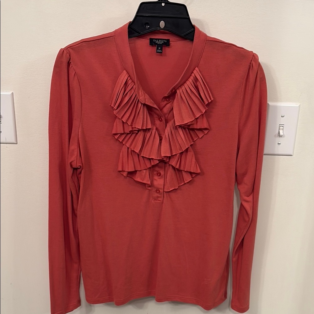 Talbots Red/Orange Ruffled Long Sleeve Blouse